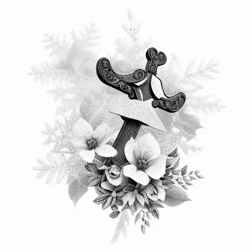 A Black And Grey Cross Surrounded By December Flowers