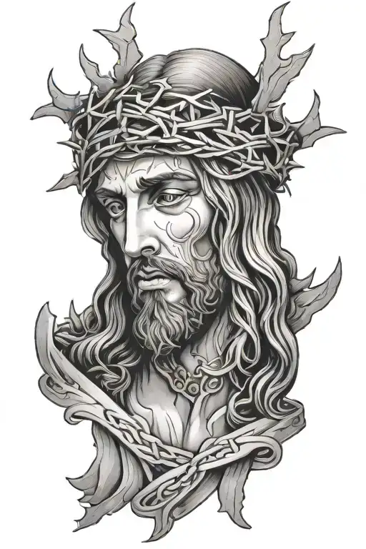 Jesus With His Thorn Crown With A Cross In The Center Of His Face