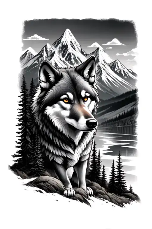 Forest Scene With Mountains In The Background And A Wolf Over Looking The Mountains Sleve