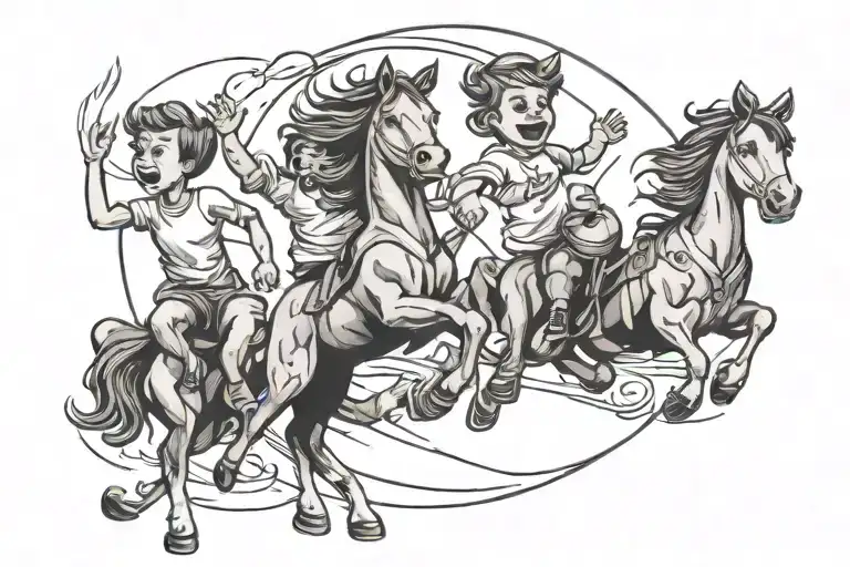 Kids Running Around In Circles On Their Hind Hooves With Different Moods Old School Sketch