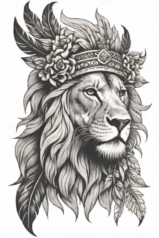 Lion Wearing Indian Feather Headpiece With Flowers