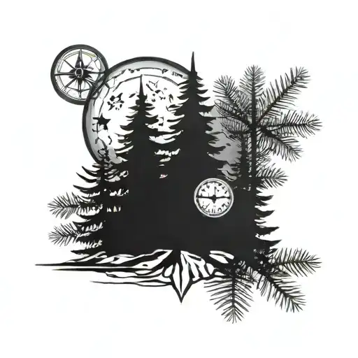 3 Pine Trees With Compass And Moon Above