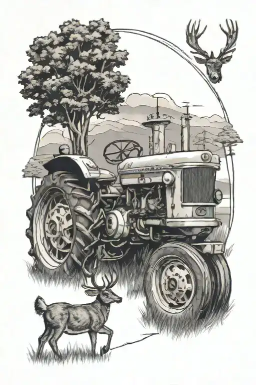 Tractor And Deer With Cross In The Background Black And White