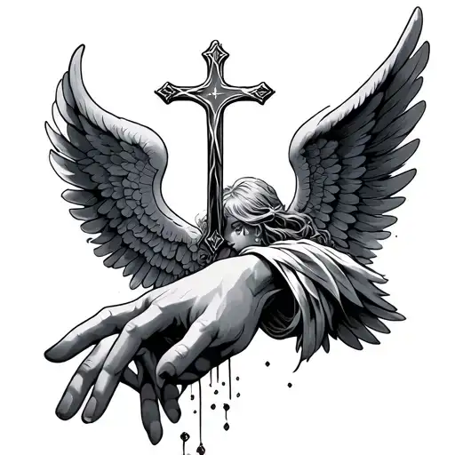 Cross In The Top Of Hand With Angel Wings