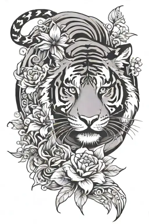 Waves And Flowers Around A Tiger