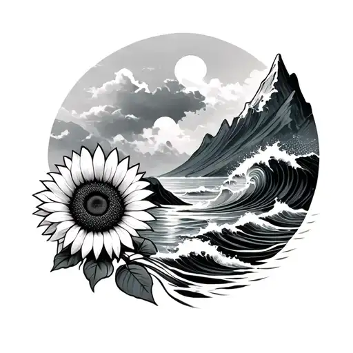 A Sunflower And Ocean Wave And Mountain Merging