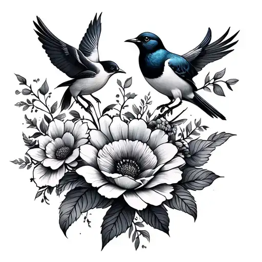 Birds And Flowe Growing Fine Line