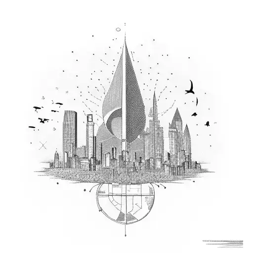 An Urban Planning Themed Tattoo With A Guitar And Colorful Decorations