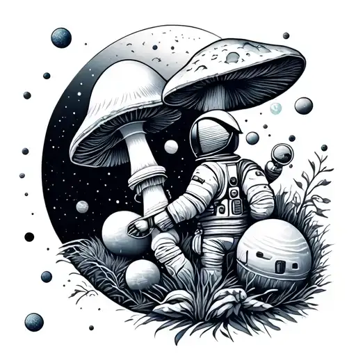 Mushroom And Astronaut And Solar Space System