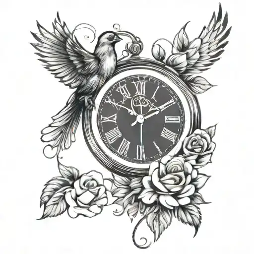 Rose Clock And Bird Flying