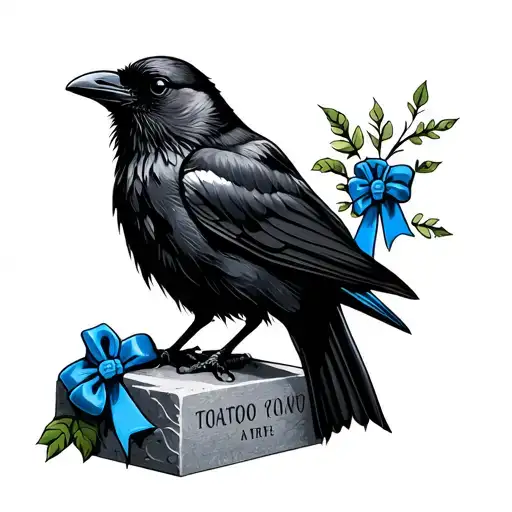Headstone With Black Crow Perched Atop With Blue Ribbon Around It's Neck
