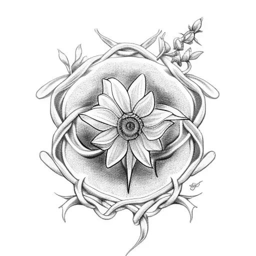 A Black-grey Tattoo Showcasing Cirilla's Symbol Intertwined With A Bouquet Of Daffodils