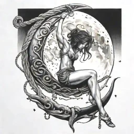 Woman Hanging Upside Down From Moon By Rope To Form Safitarius