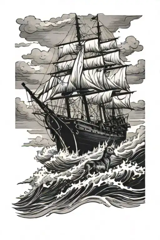 A Black-grey Tattoo Of A Navy Ship Sailing Through Rough Waters With A Hunting Dog On Deck
