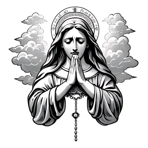 Virgin Crying With Her Hands Together Praying And Holding A Rosary And Around There Are Clouds
