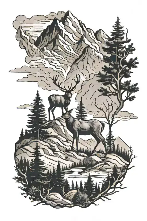 Mountains With Trees And Deer Standing