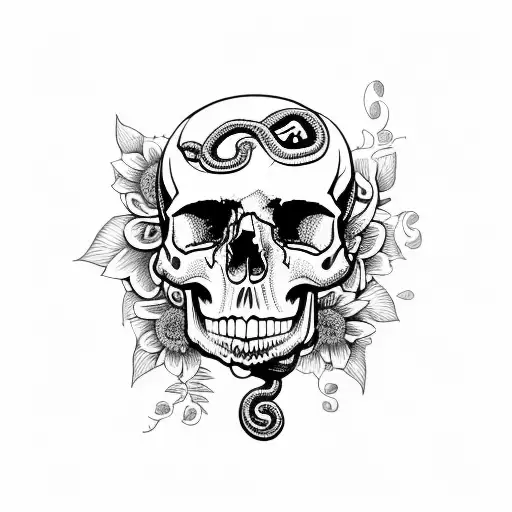 A Skull With Snake Through It And Flowers Around It