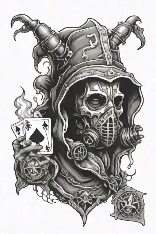 Post Apocalyptic Jester With Playing Card And Fire Gas Mask