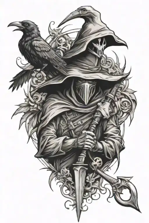 Scary Forearm Tattoo With Crows And Death With A Scythe And A Plague Doctor