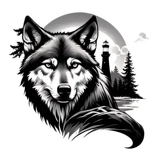 Wolf Tattoo With The Moon And A Forrest With A Lighthouse In The Background