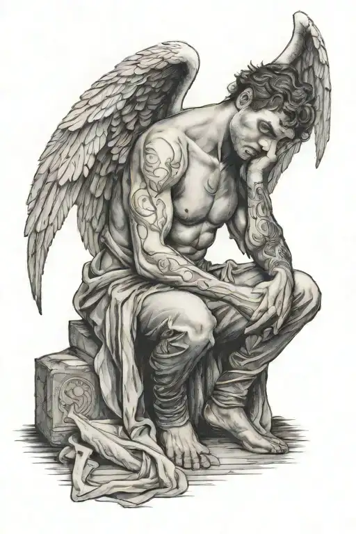 Thinking Man With Angel Wings Sitting Holding A Halo In Left Hand