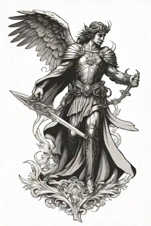 Archangel Michael Facing Straight Holding Sword Going Into Ground With Wings Spread Out