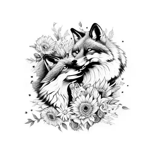 Fox And Wolf Surrounded By Flowers