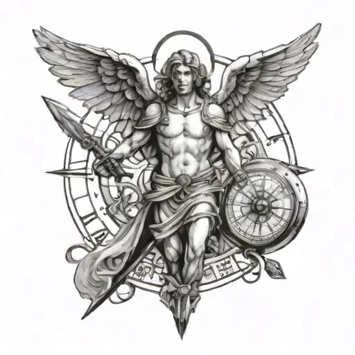 An Angel Holding A Sword In Each Hand While Having A Compass Above His Head