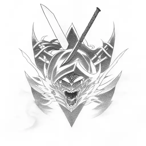 Black-grey Tattoo Featuring The Rengoku Sword Surrounded By Iconic Anime Symbols