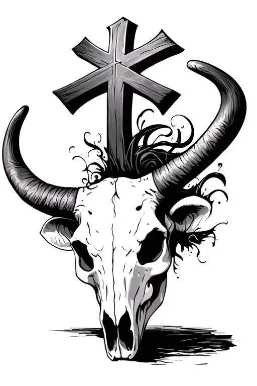 Cattle Skull With A Cross Sticking Out Of The Top