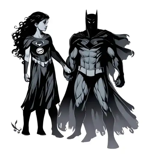 Daughter And Son Holding Hands With Shadow Of Superheroes