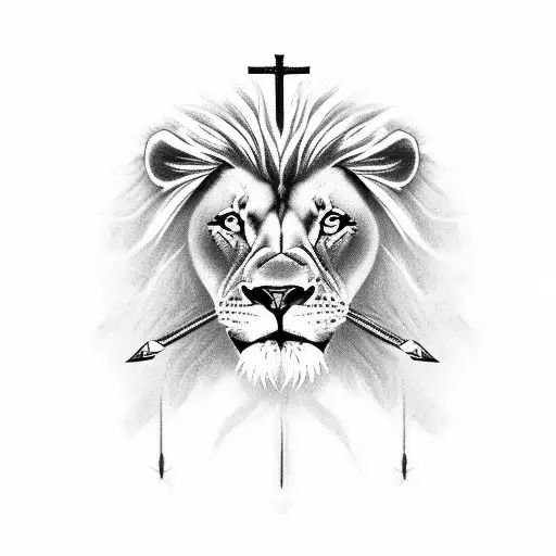 A Christian-themed Tattoo Combining A Lion And A Cross Made Of Spears