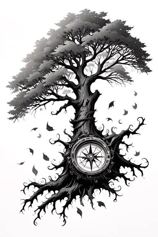Tree With Compass Embedded In It And Leaves Falling