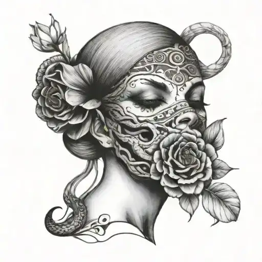 Lady Who Has Snake Hair And A Flower Blindfold Covering Her Eyes