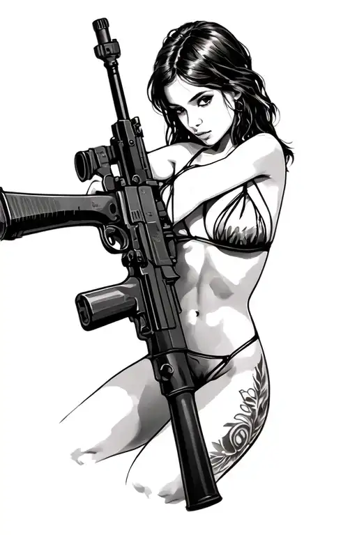 Modern Military Girl In Bikini Resting On A 50Cal Machine Gun