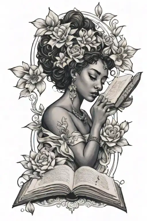 Flowers And Black Goddess Holding Open Book