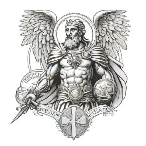 Warrior Archangel With A Medal Of Saint Benedict In The Background And A Greek Basilica
