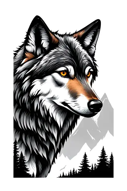 Forest Scene With Mountains And A Wolf