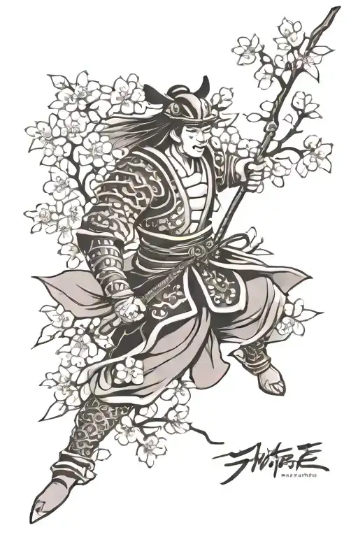 Japanese Warrior With Cherry Blossoms Through Out