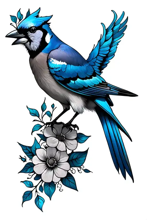 Spine Tatto With A Blue Jay At The Top And Floral Down The Spine