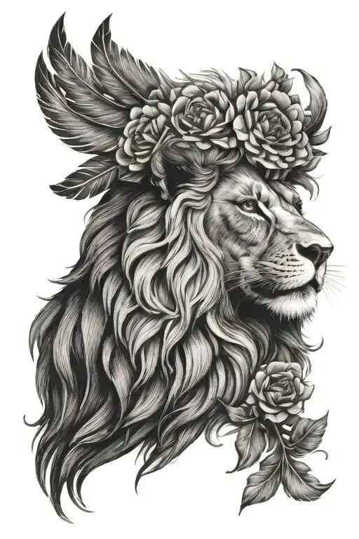 Lion Wearing Feather Headpiece With Flowers