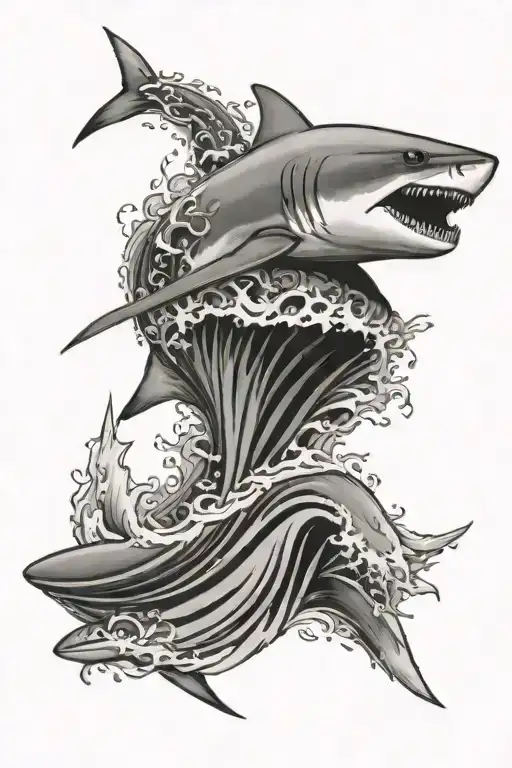 Polynesian Tattoo With A Tiger Shark And The Teahupoo Wave
