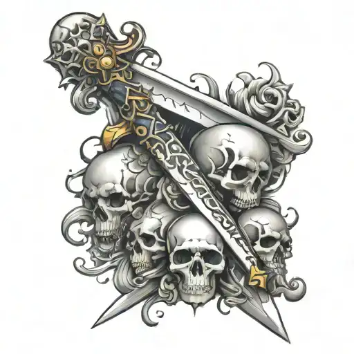 A Sword That Has A Pile Of Skulls At The Bottom And 2 Angles Floating Above The A Sword