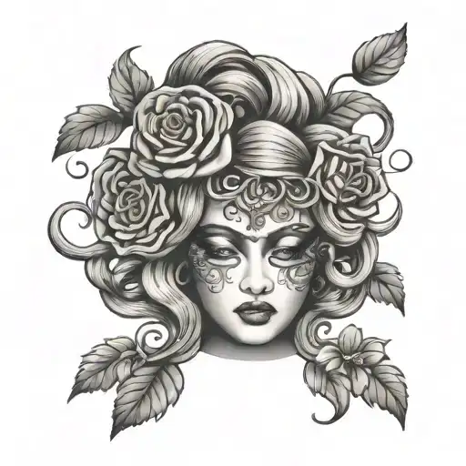 Medusa With Flower Blindfold Covering Her Eyes