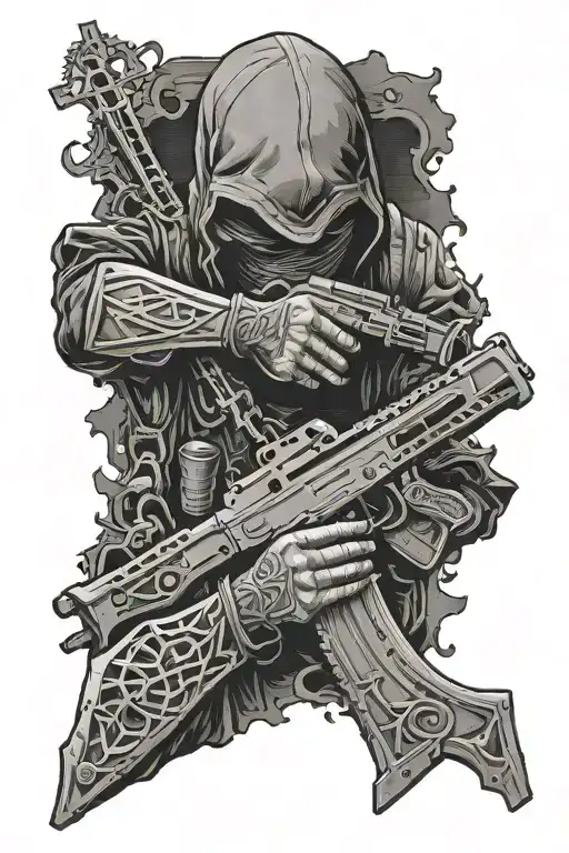 Guy With Balaclava Holding An Ak47 Praying To God While Being Surrounded By Three Crosses