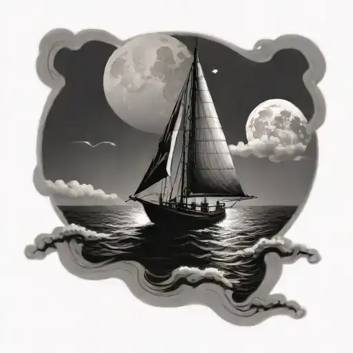 Sailboat Sailing Away Towards A Cresent Moon