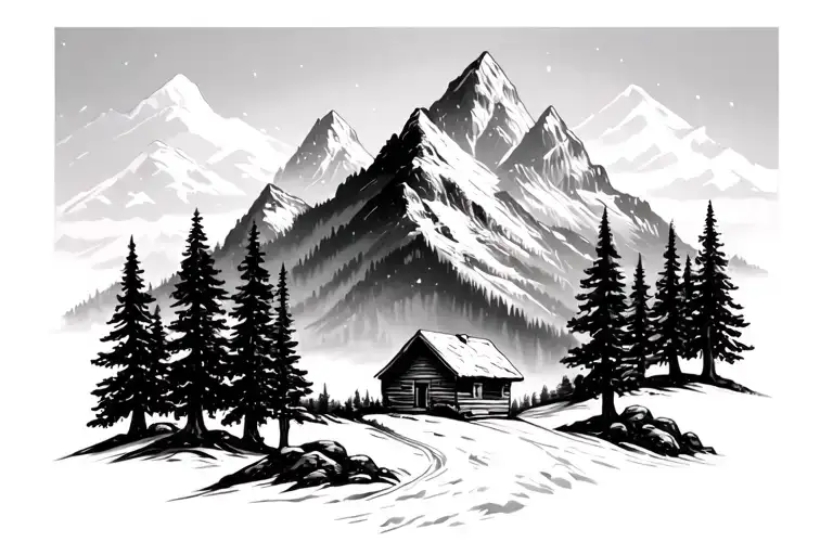 Mountain With Trees And Cabin
