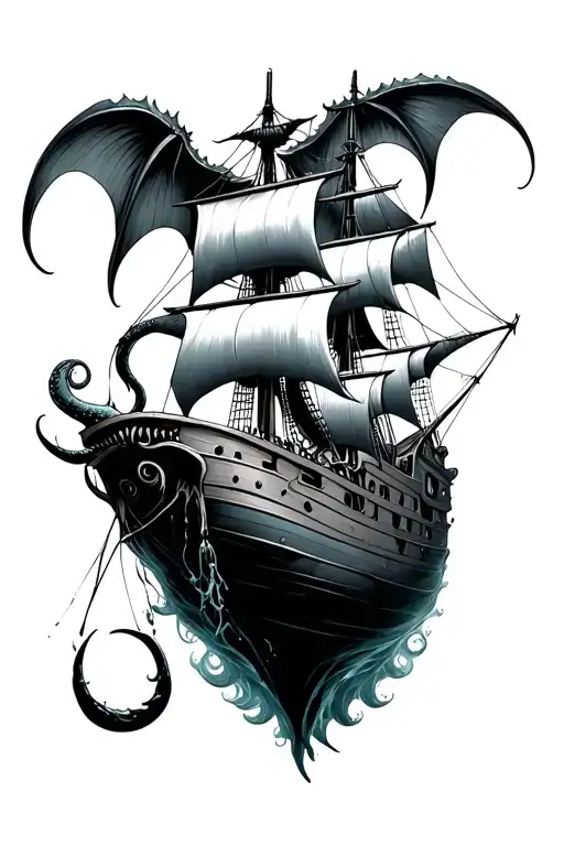 Cthulu Pulling A Ship Under Water