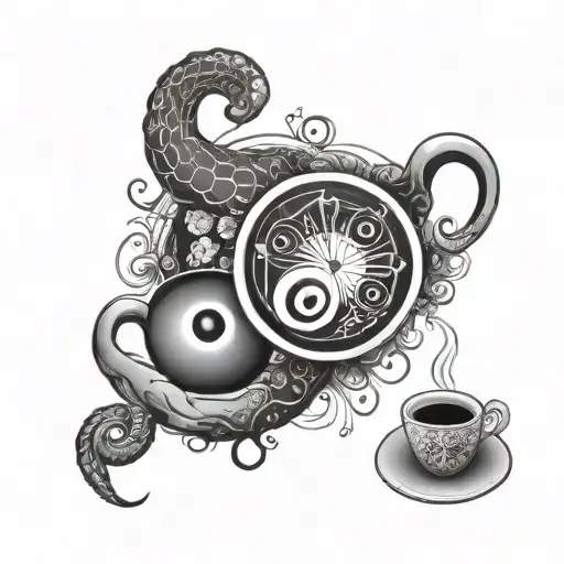 Cancer Zodiac Sign And Coffee Laptop And Yinyang Symbol