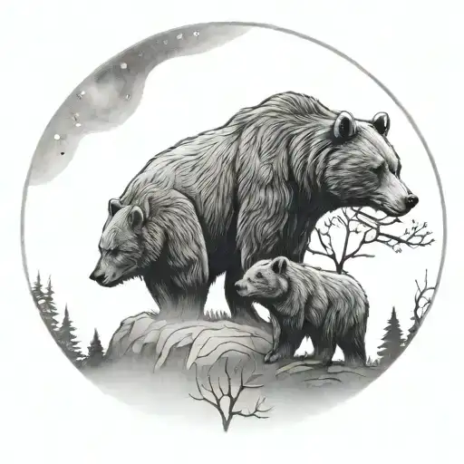 Papa Bear And Baby Bear Trees And Moon